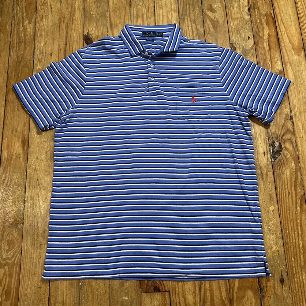Polo Ralph Lauren Shirt Mens XL Blue Stripes Pocket Pima Cotton Golf Preppy